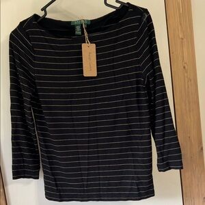 Lauren Ralph Lauren Black Metallic Gold Stripes 3/4 Long Sleeve Small Scoop neck
